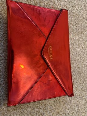 GUESS Red Metallic Envelope Clutch with Gold Logo